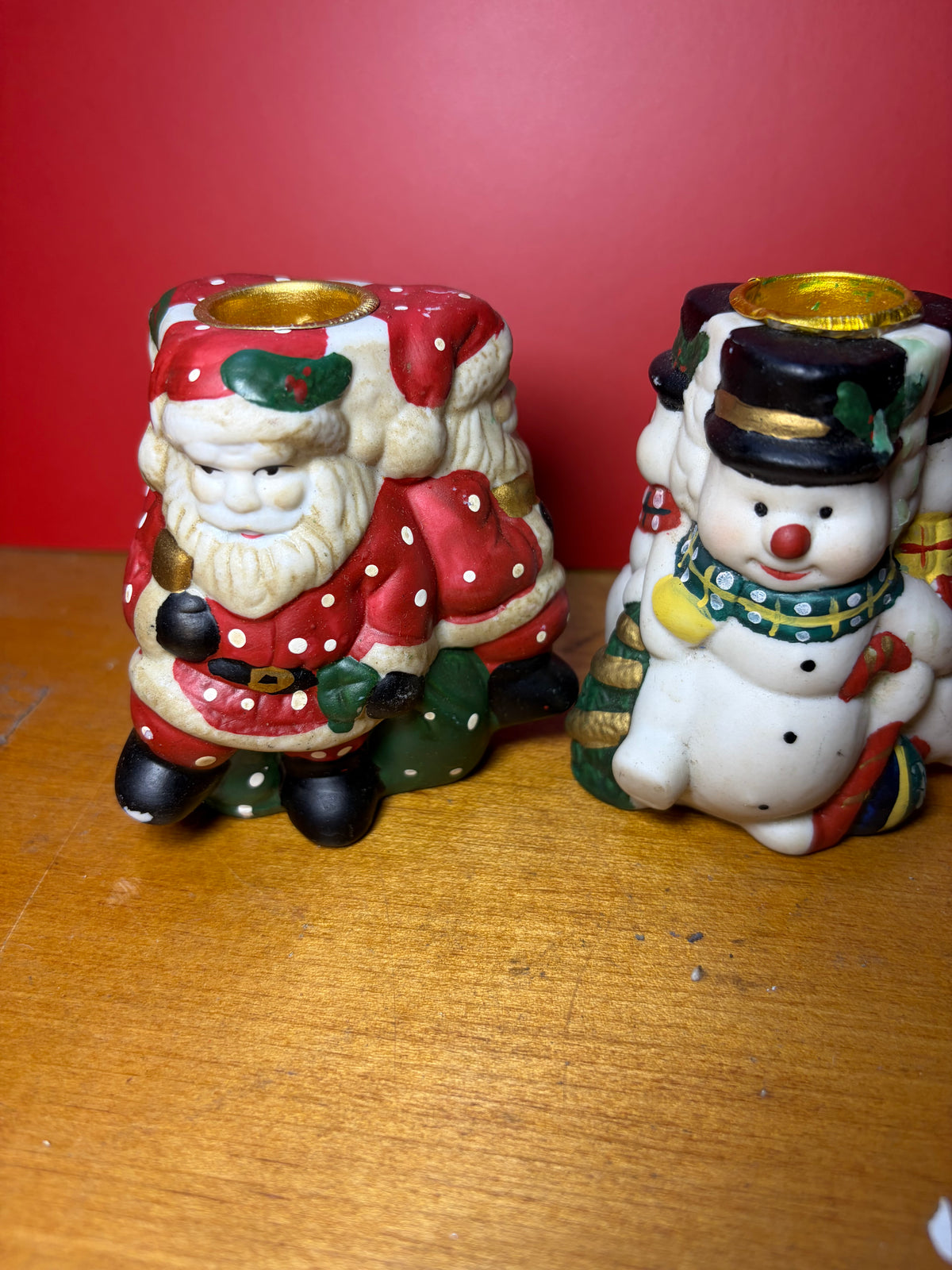 Vintage Bisque Porcelain Santa & Snowman Taper Candle Holders — Set of 2