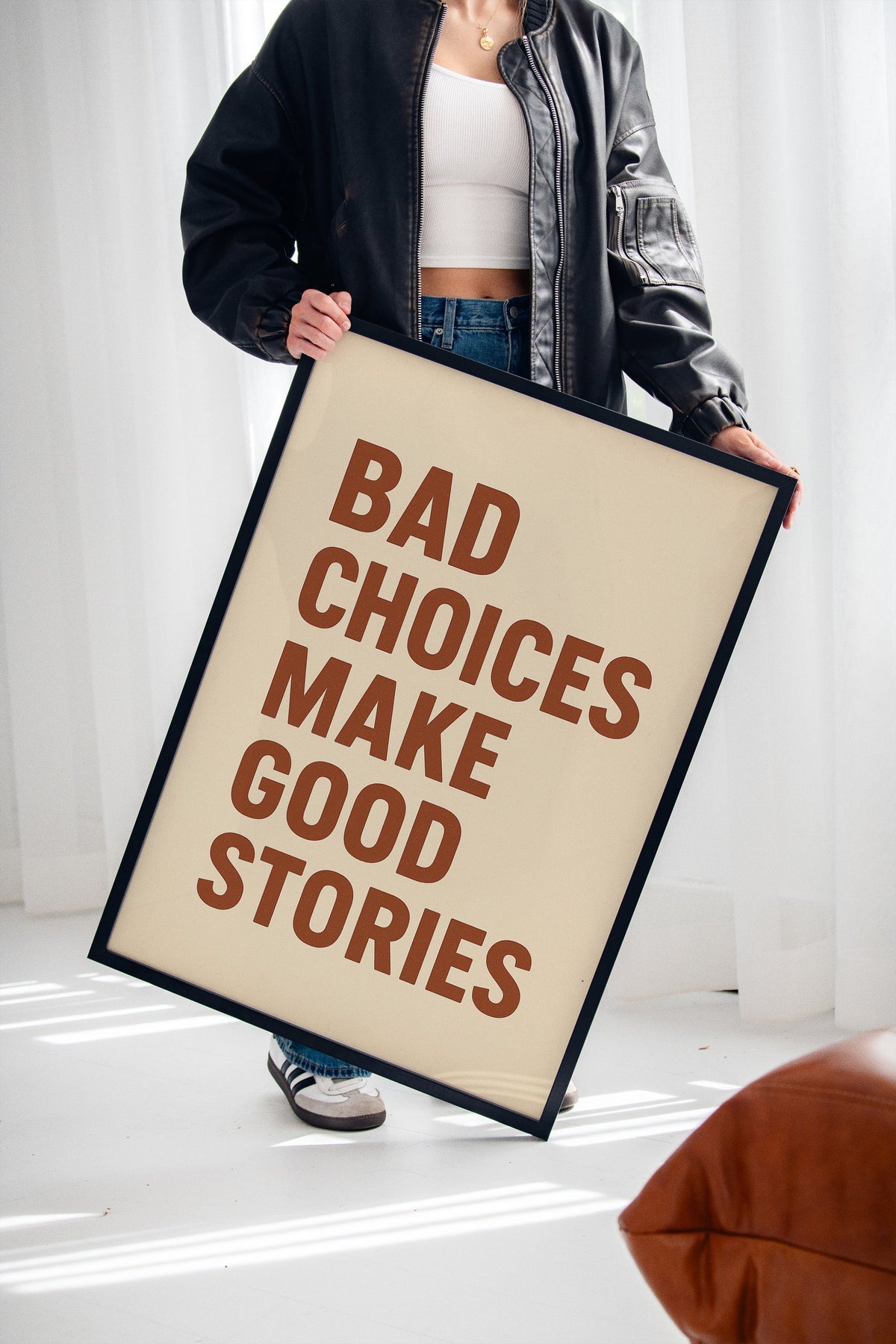 Bad Choices Make Good Stories Print wall art piece for home decor and modern interior design styling.