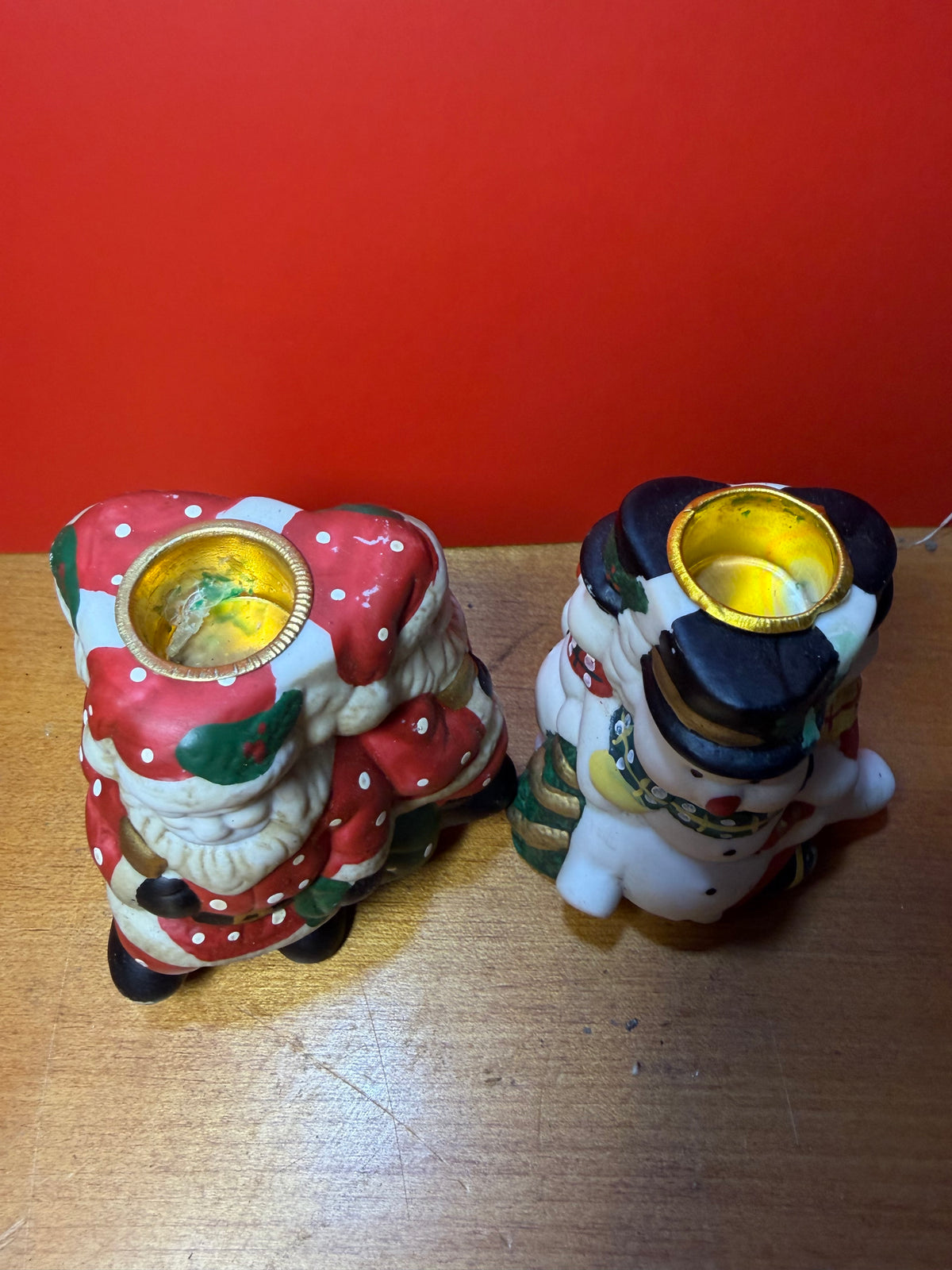 Vintage Bisque Porcelain Santa & Snowman Taper Candle Holders — Set of 2
