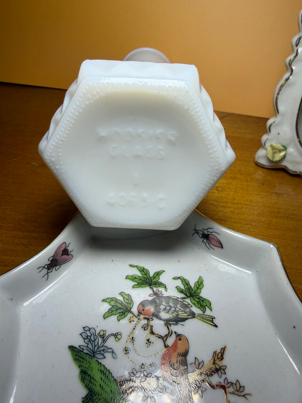 Vintage Vanity Trio — Hoosier Milk Glass Bud Vase, Porcelain Rose Photo Frame & Bird Trinket Dish