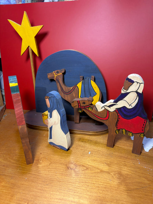 Handmade Wooden Three Wise Men Set — Hand-Painted Folk Art Magi with Camels & Star