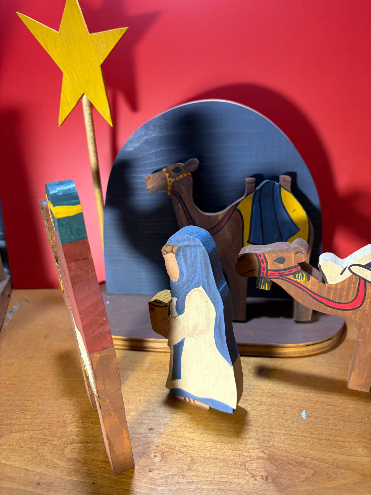 Handmade Wooden Three Wise Men Set — Hand-Painted Folk Art Magi with Camels & Star