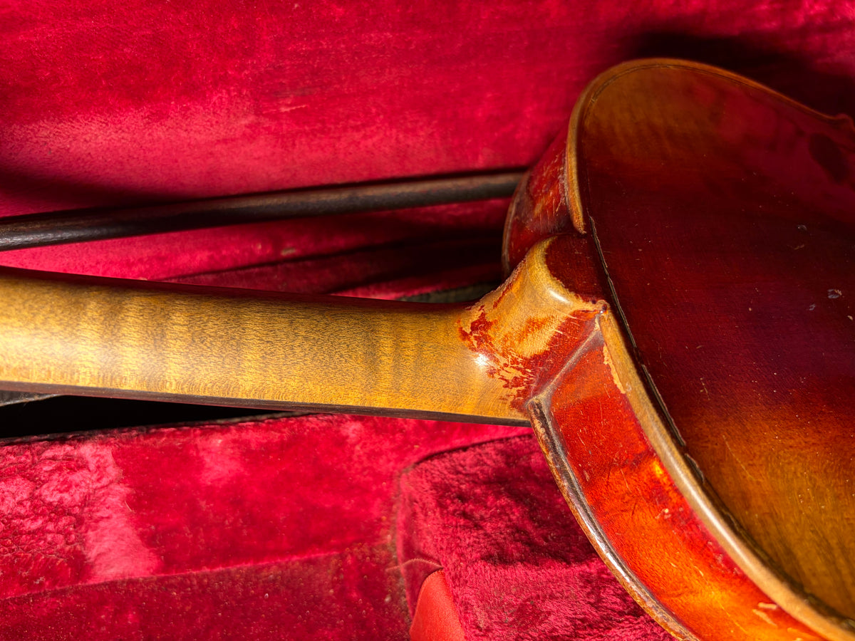 Antique Violin with Flamed Maple Back, Bow & Vintage Case — Early 1900s, As-Is Project Instrument