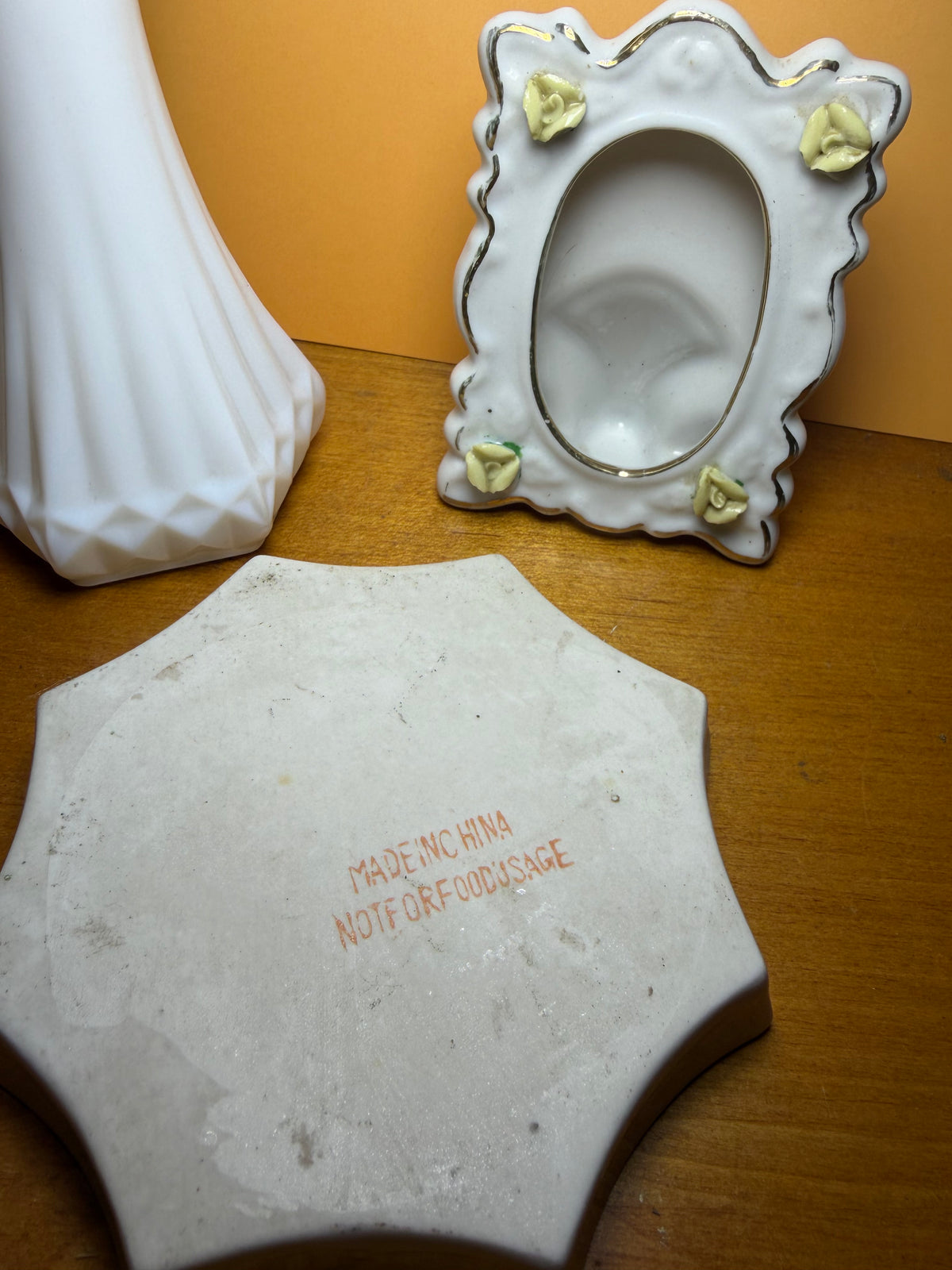 Vintage Vanity Trio — Hoosier Milk Glass Bud Vase, Porcelain Rose Photo Frame & Bird Trinket Dish