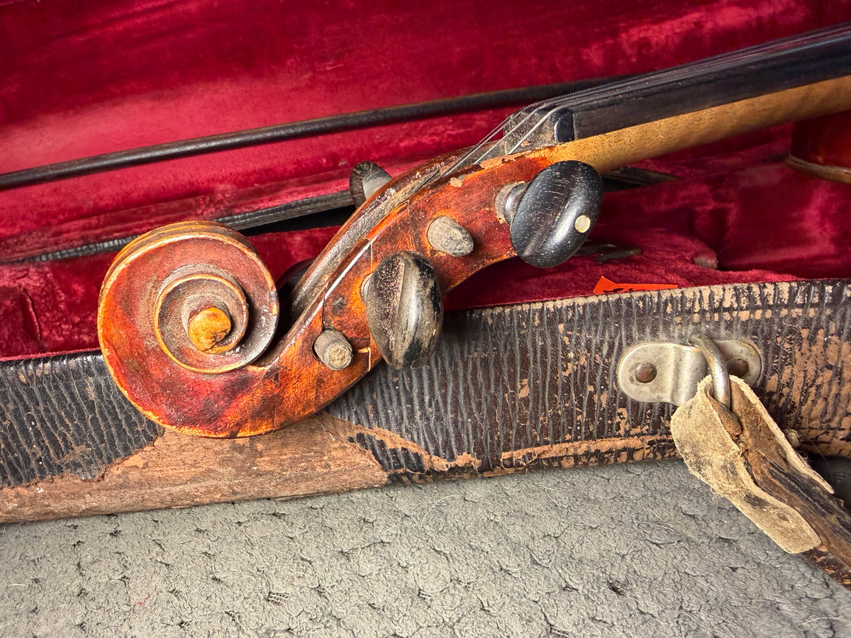 Antique Violin with Flamed Maple Back, Bow & Vintage Case — Early 1900s, As-Is Project Instrument