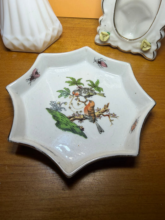 Vintage Vanity Trio — Hoosier Milk Glass Bud Vase, Porcelain Rose Photo Frame & Bird Trinket Dish
