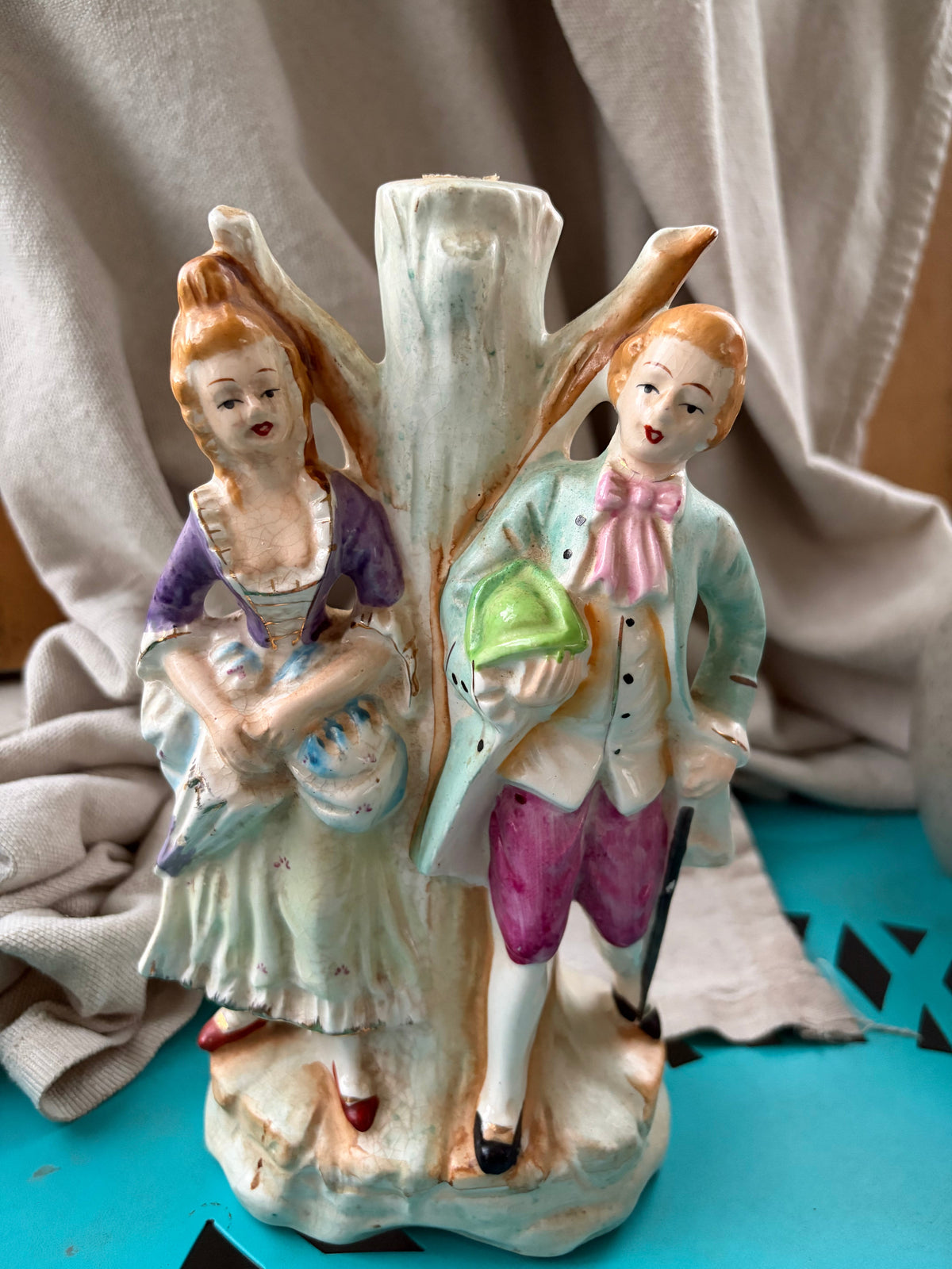 Vintage Courting Couple Bud Vase detail