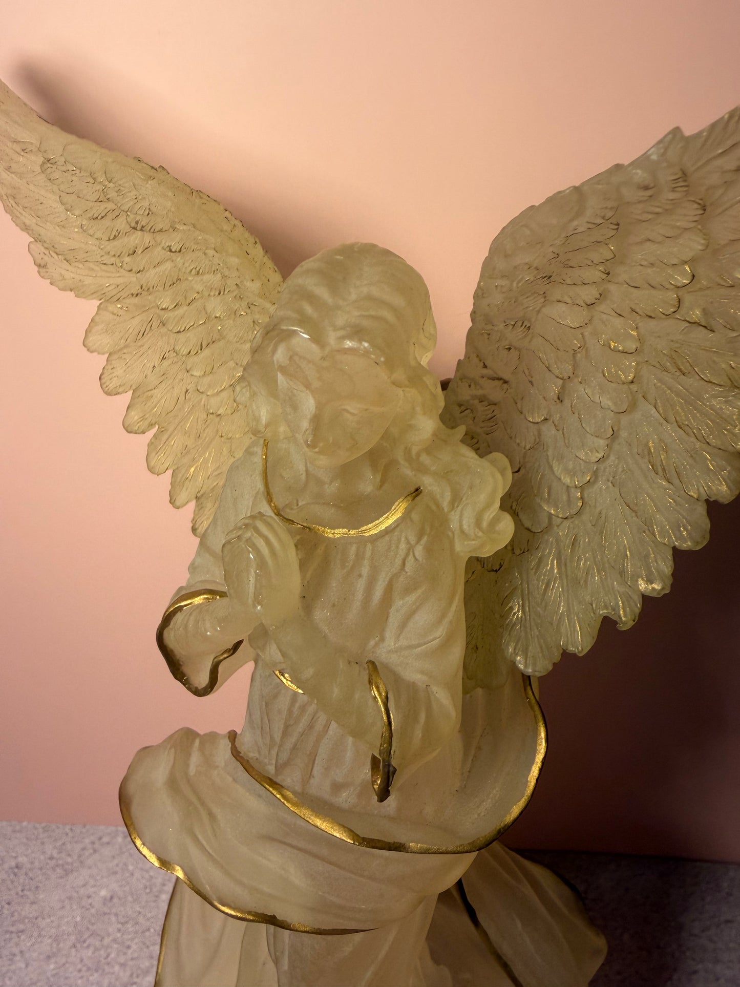 Vintage Kneeling Angel Figurine – Frosted Resin with Gold Trim, 8"