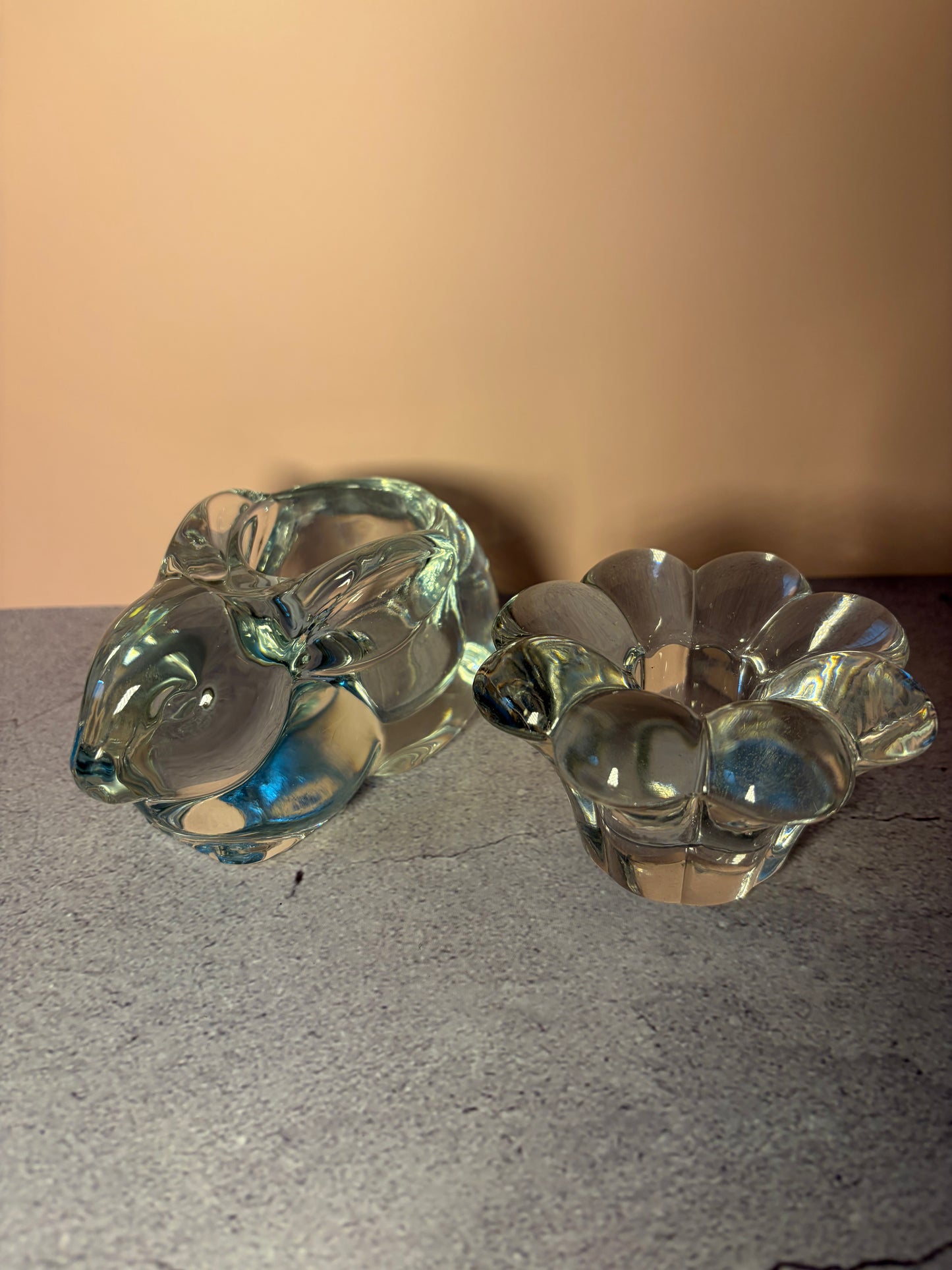 Vintage Pressed Glass Votive Candle Holder Duo — Bunny & Flower