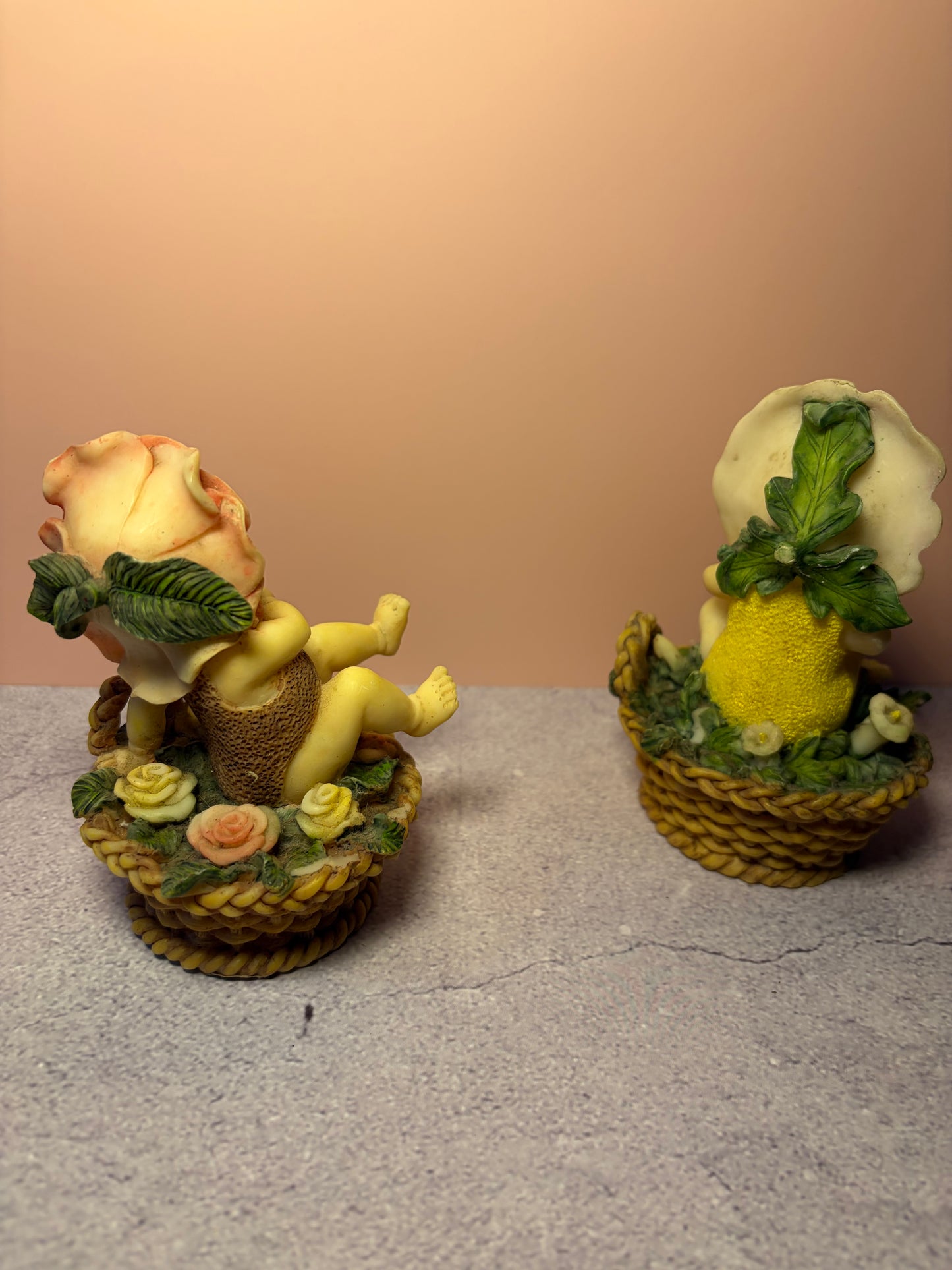 Vintage 1996 Sansco Flower Baby Figurines – Set of 2, Rose & Daisy Basket Babies