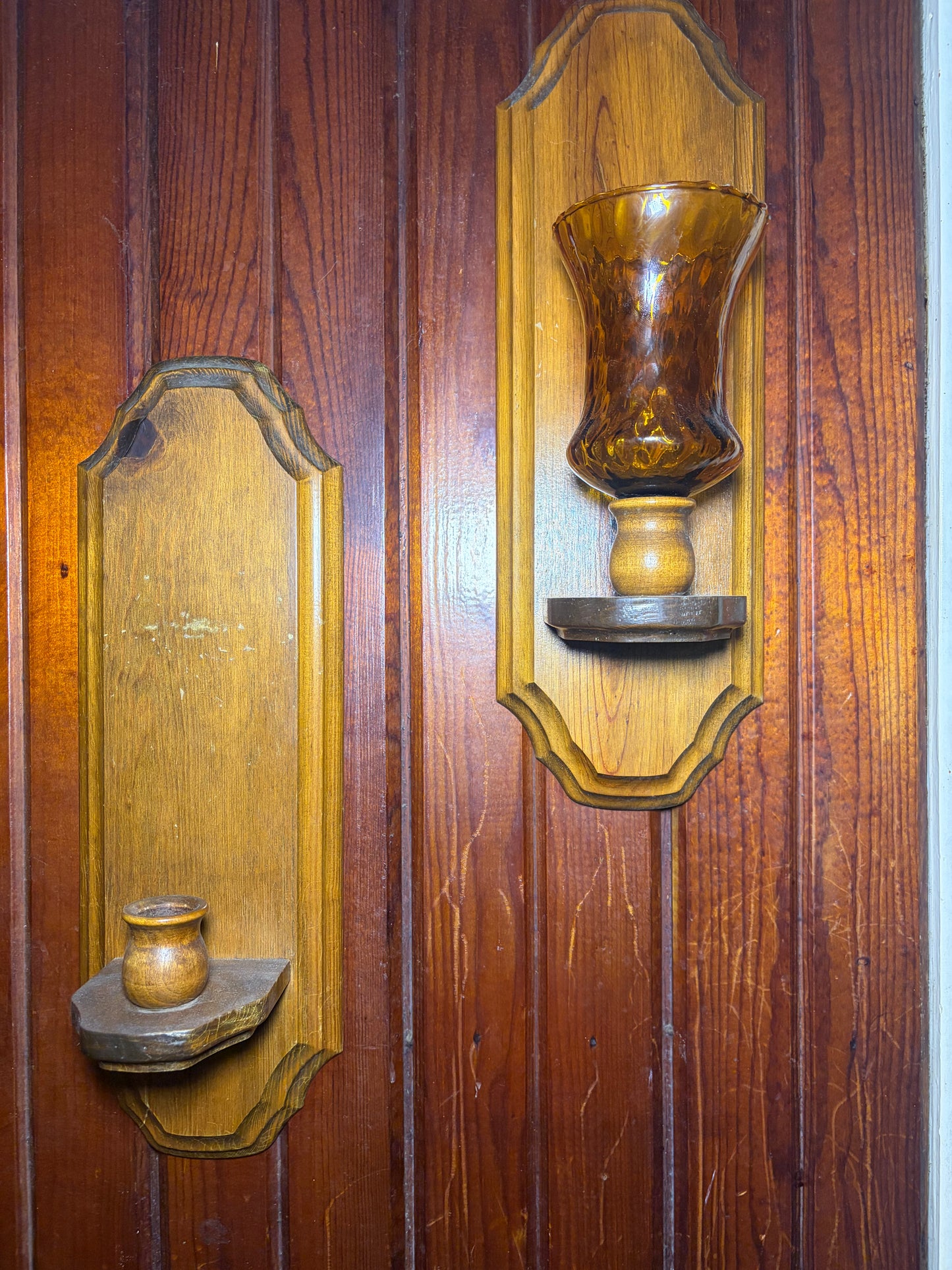 Vintage Wooden Wall Sconces with Amber Glass — Mid-Century Pair