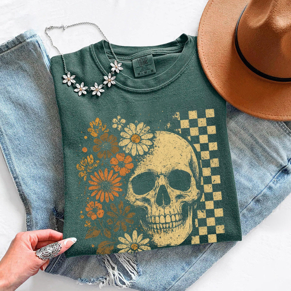 Camiseta de Halloween de calavera y flores