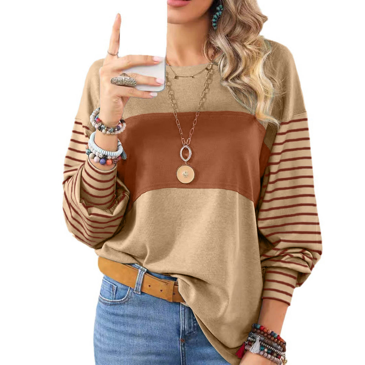 Blusa de manga larga a rayas para mujer, camiseta básica