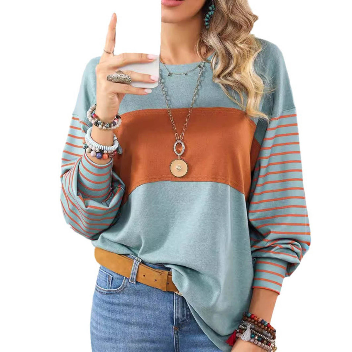 Blusa de manga larga a rayas para mujer, camiseta básica