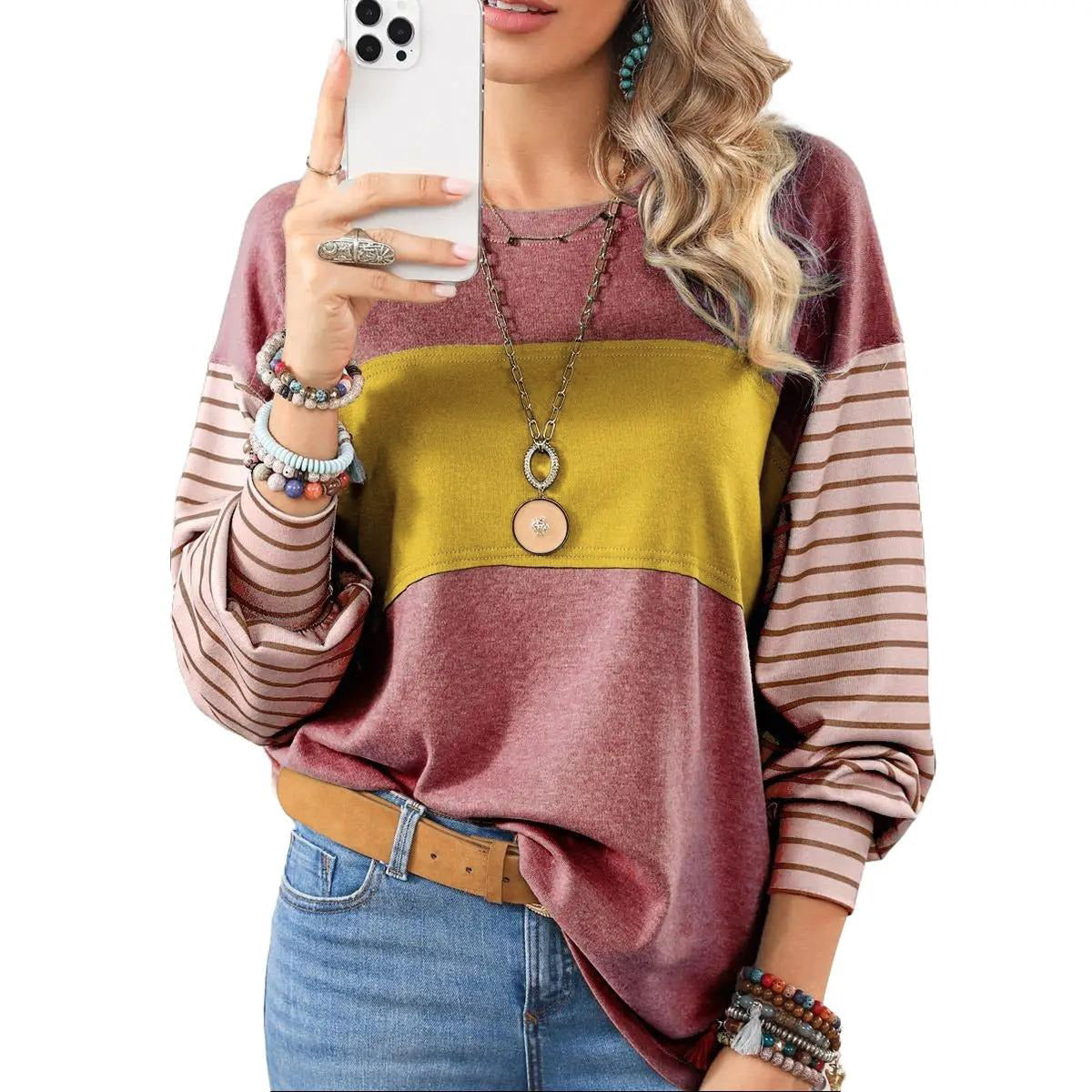 Blusa de manga larga a rayas para mujer, camiseta básica