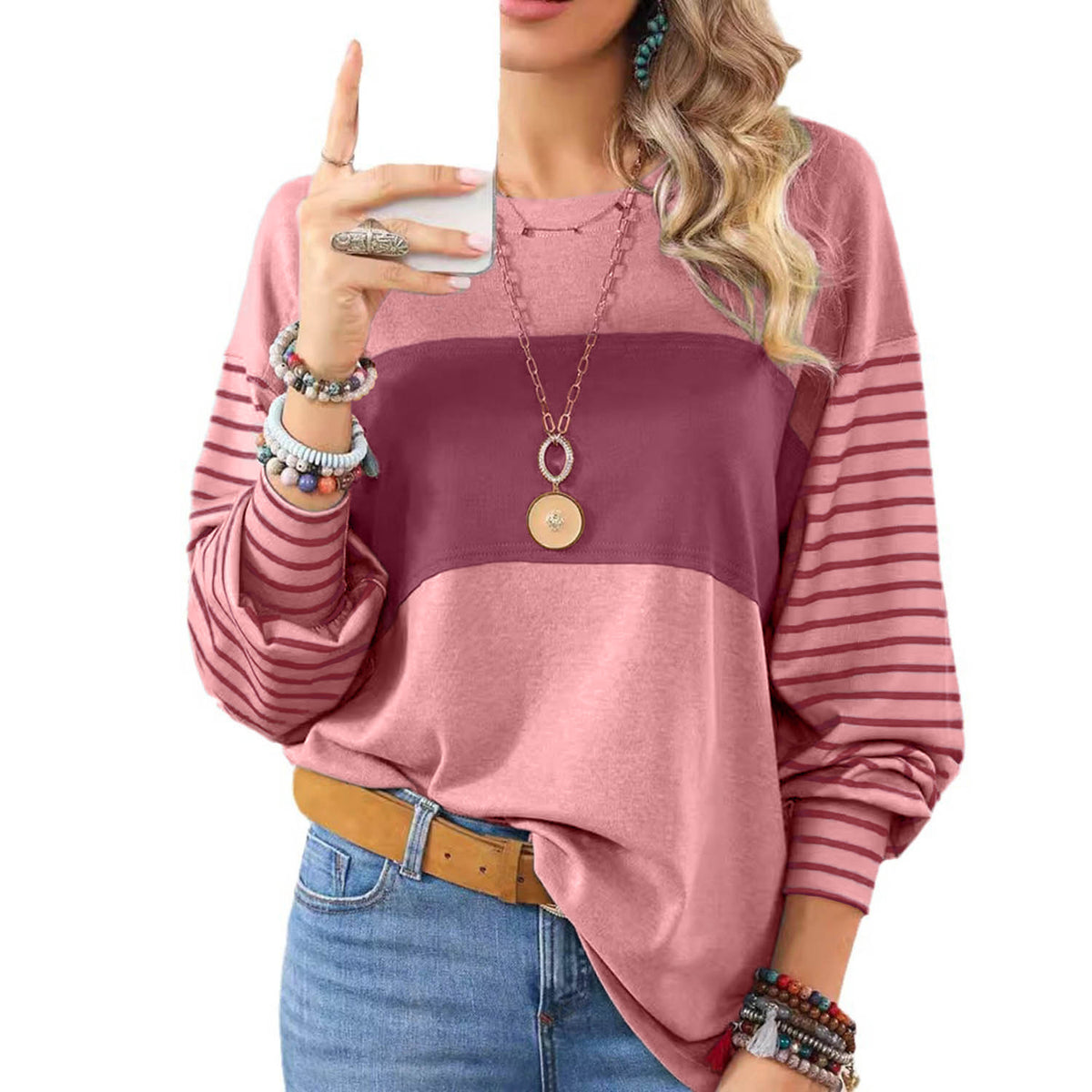 Blusa de manga larga a rayas para mujer, camiseta básica