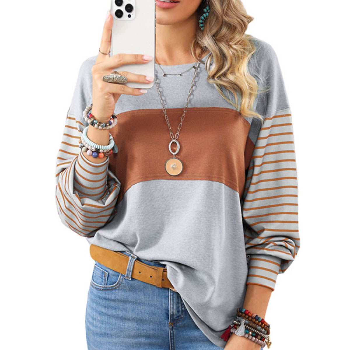 Blusa de manga larga a rayas para mujer, camiseta básica