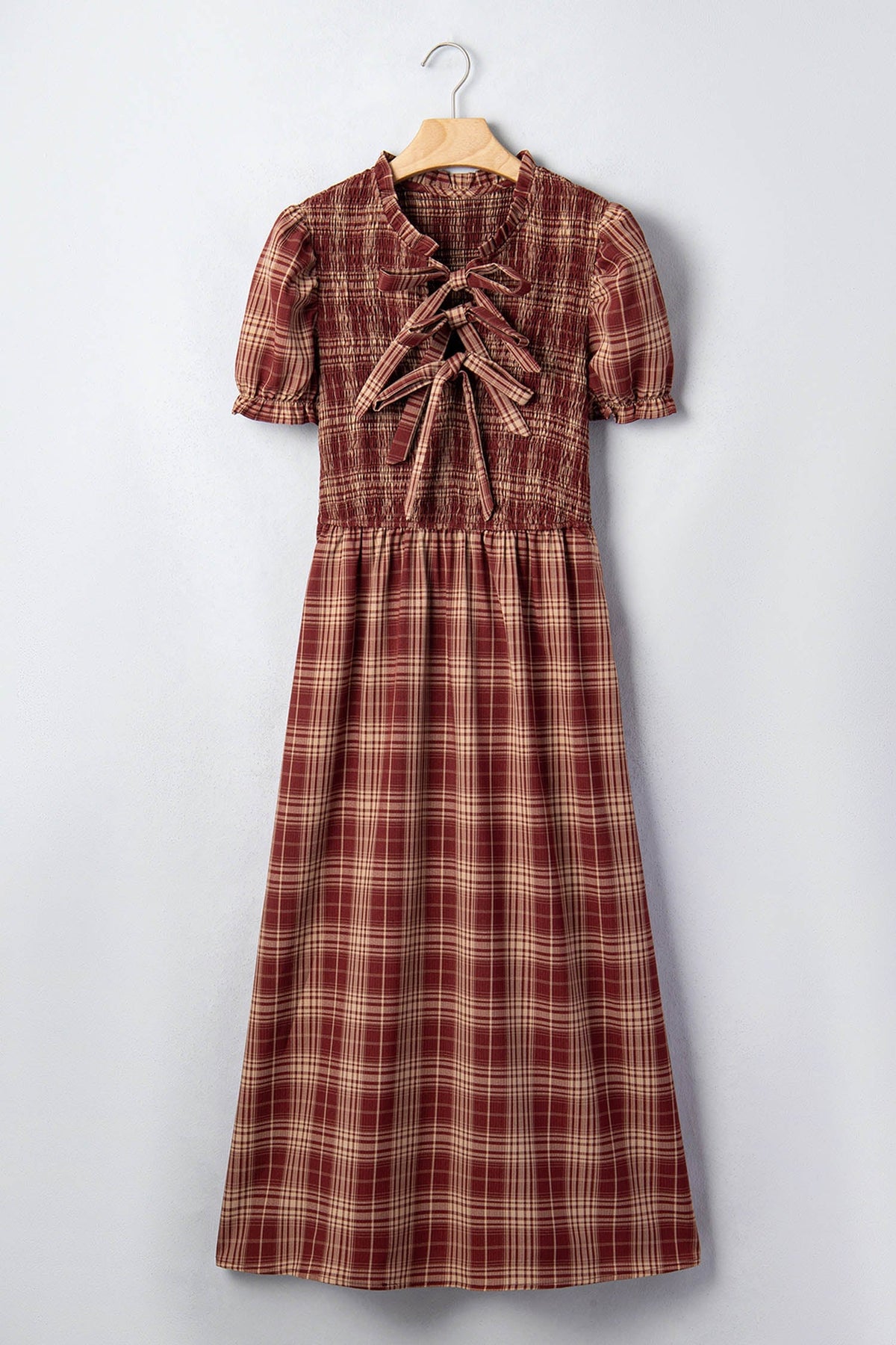 Plaid Vintage Knot Front Smocked High Waist Midi Dress
