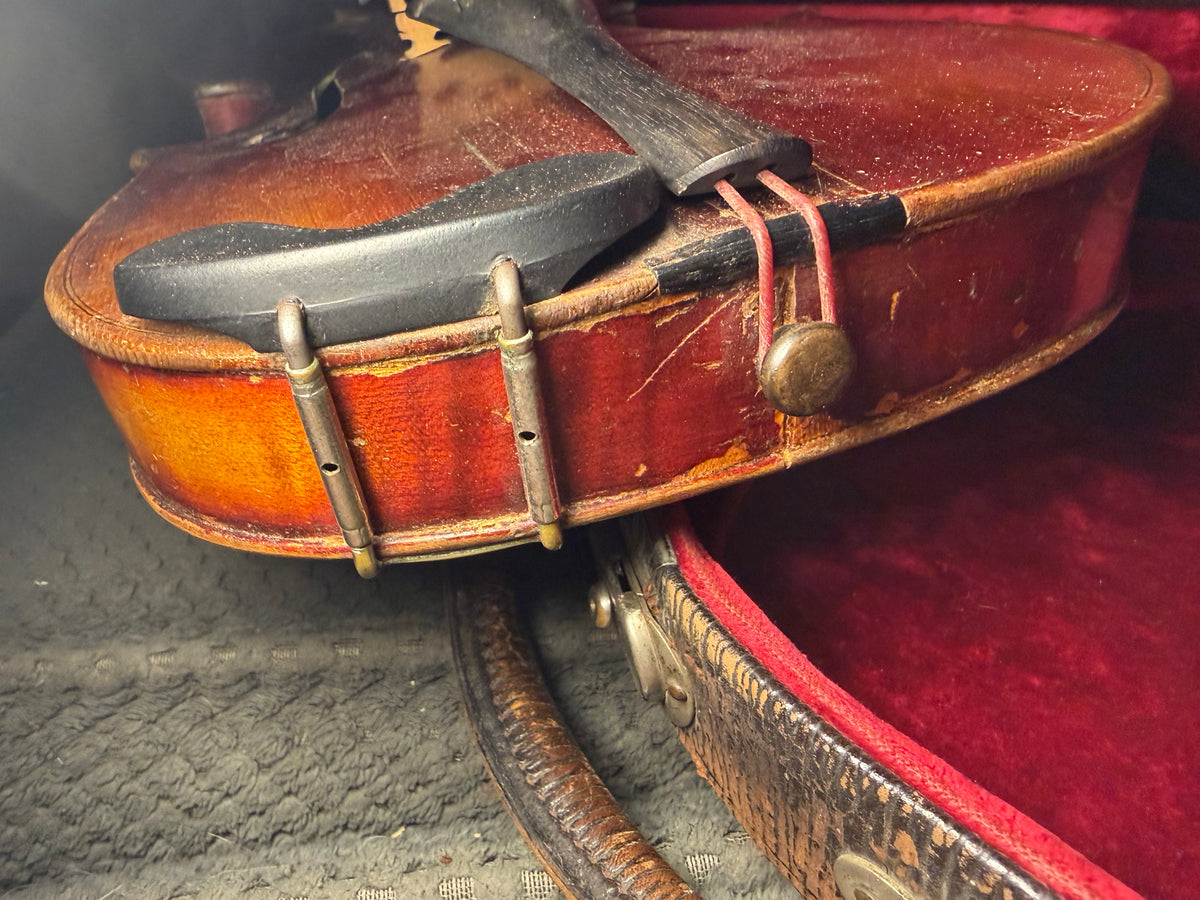 Antique Violin with Flamed Maple Back, Bow & Vintage Case — Early 1900s, As-Is Project Instrument