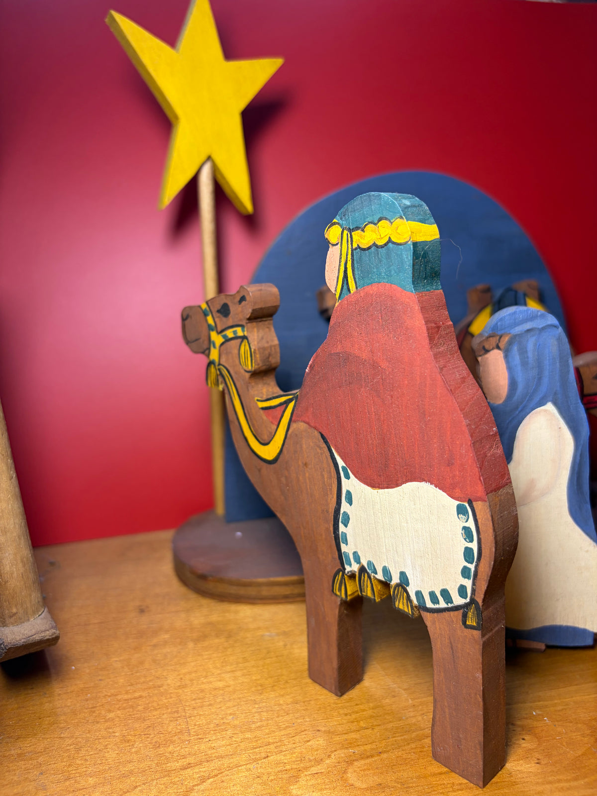 Handmade Wooden Three Wise Men Set — Hand-Painted Folk Art Magi with Camels & Star