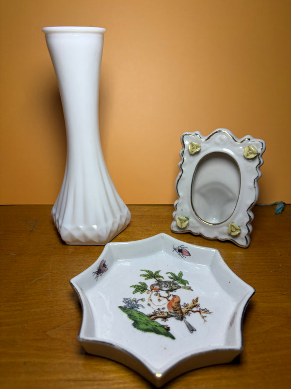 Vintage Vanity Trio — Hoosier Milk Glass Bud Vase, Porcelain Rose Photo Frame & Bird Trinket Dish