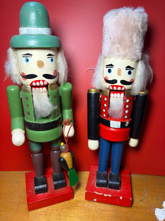 Vintage 1980s Wooden Nutcrackers — Huntsman & Soldier Pair (Original Peoples Drug Tag)