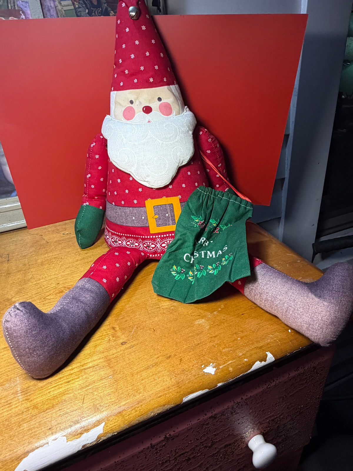 Vintage 1980s Cloth Santa Doll with "Merry Christmas" Sack & Jingle Bell Hat
