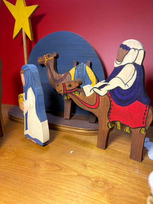Handmade Wooden Three Wise Men Set — Hand-Painted Folk Art Magi with Camels & Star