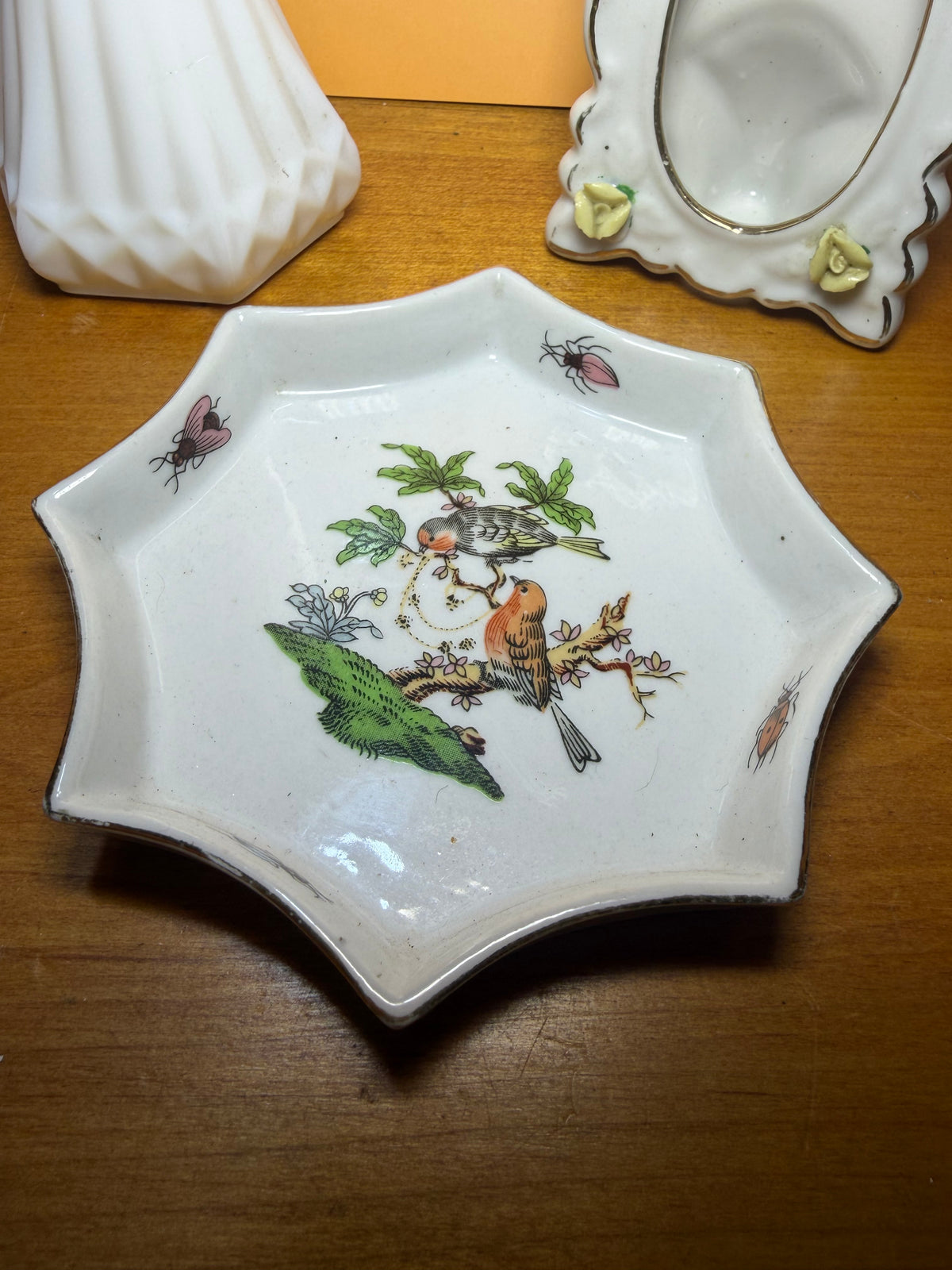 Vintage Vanity Trio — Hoosier Milk Glass Bud Vase, Porcelain Rose Photo Frame & Bird Trinket Dish