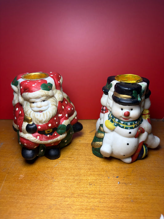 Vintage Bisque Porcelain Santa & Snowman Taper Candle Holders — Set of 2
