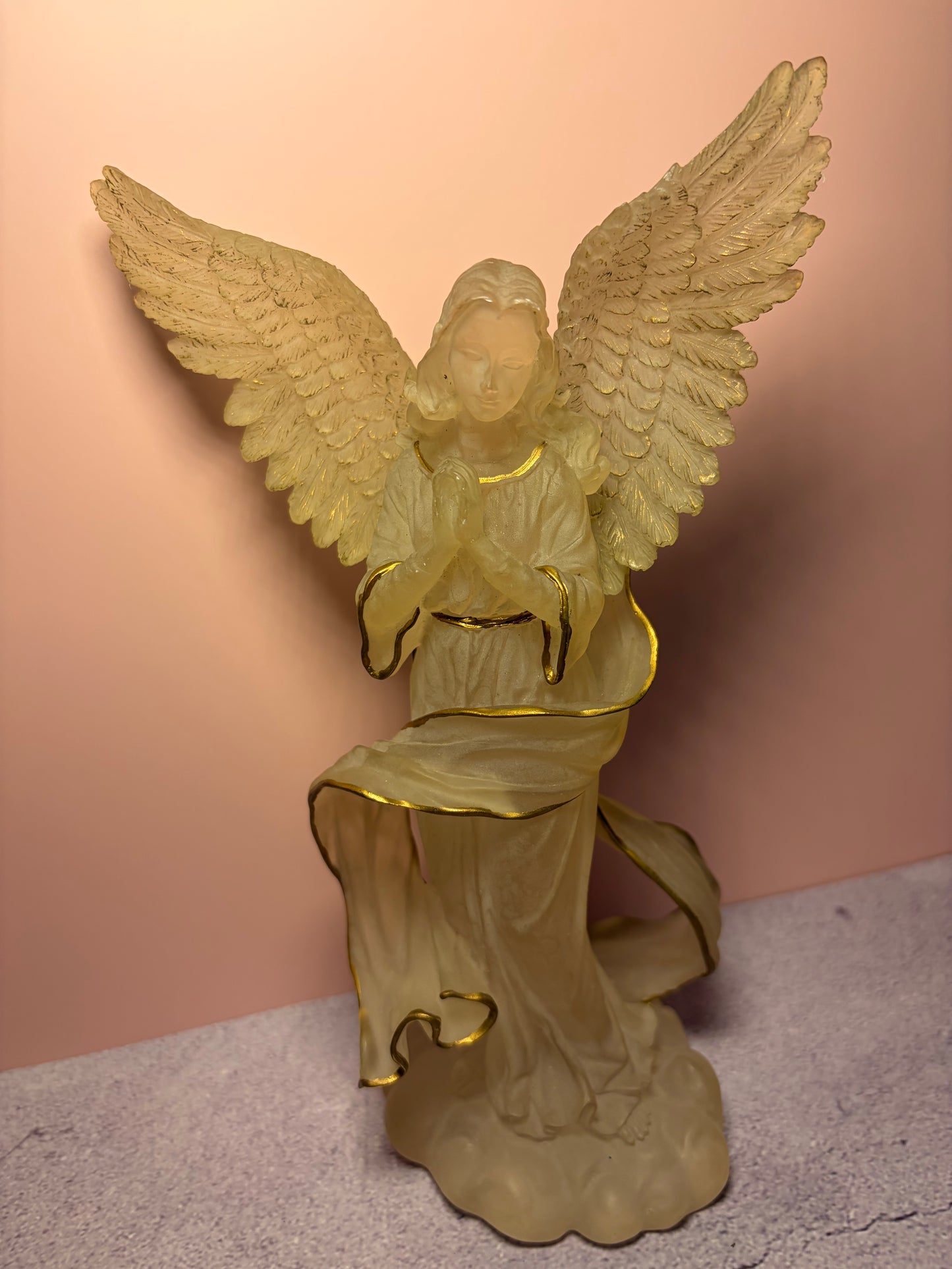 Vintage Kneeling Angel Figurine – Frosted Resin with Gold Trim, 8"