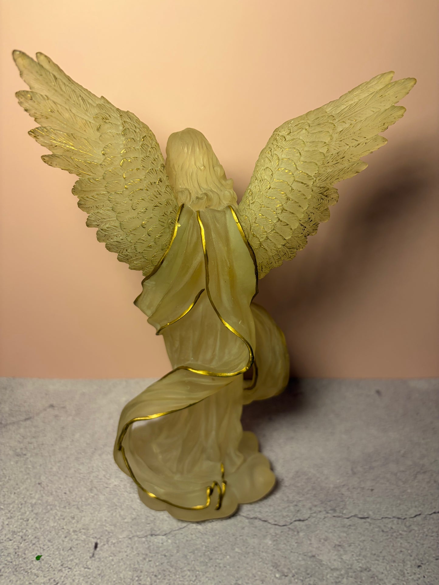 Vintage Kneeling Angel Figurine – Frosted Resin with Gold Trim, 8"