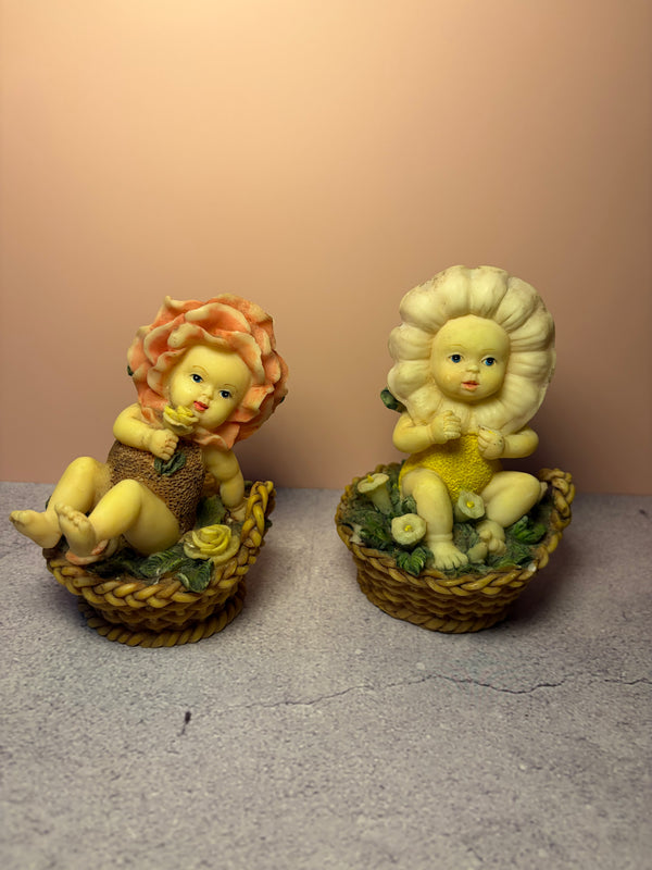 Vintage 1996 Sansco Flower Baby Figurines – Set of 2, Rose & Daisy Basket Babies