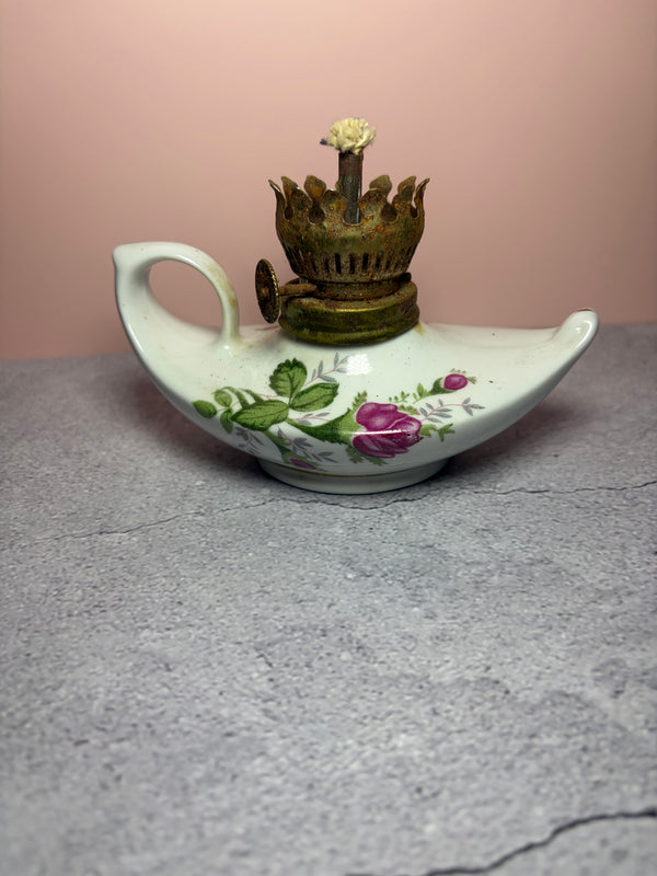 Vintage Porcelain Oil Lamp with Brass Crown Top