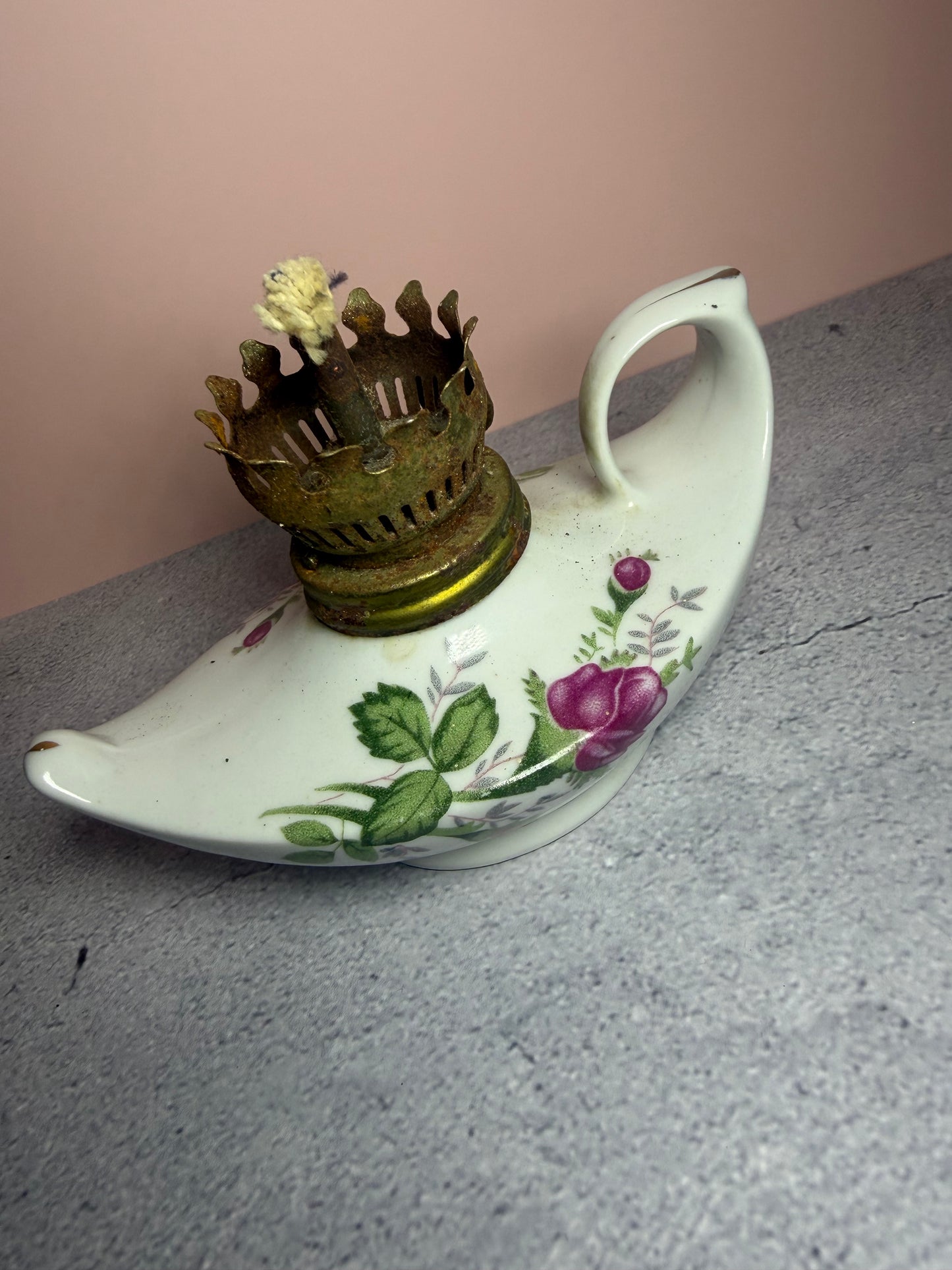 Vintage Porcelain Oil Lamp with Brass Crown Top