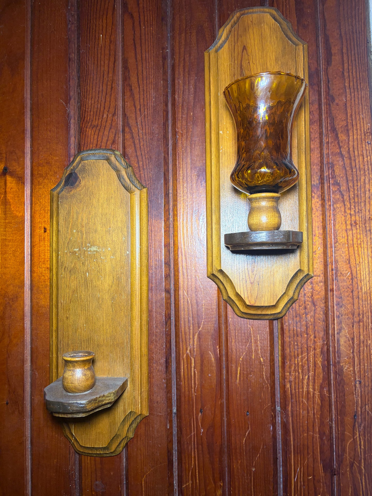 Vintage Wooden Wall Sconces with Amber Glass — Mid-Century Pair