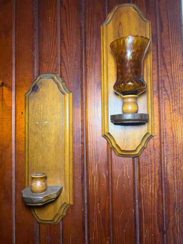 Vintage Wooden Wall Sconces with Amber Glass — Mid-Century Pair