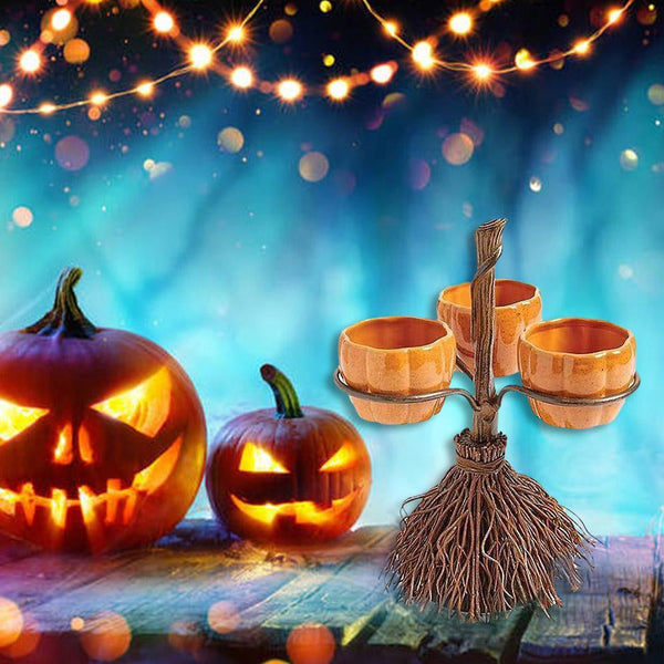Witch's Broom Pumpkin Snack Bowl Stand