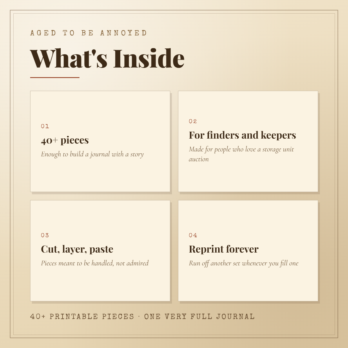 What's inside The Junk Journal Kit — 40+ printable pieces