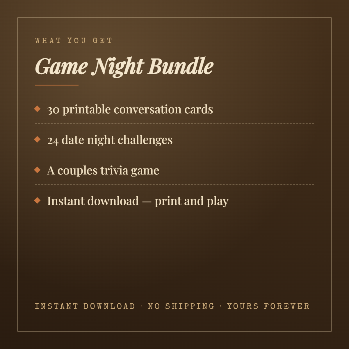 What you get in the Game Night Bundle — three printable games