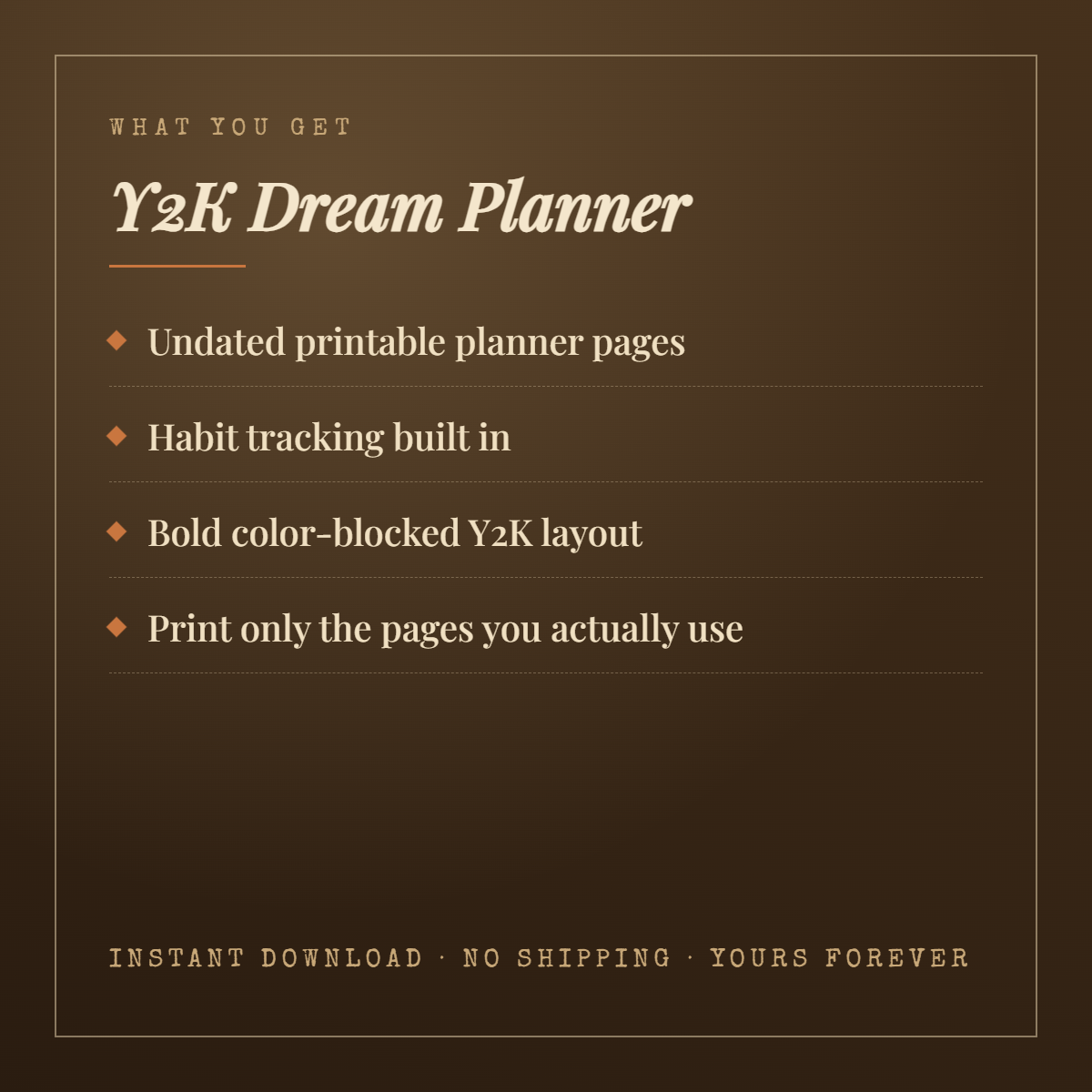 What you get with the Y2K Dream Planner — undated printable pages